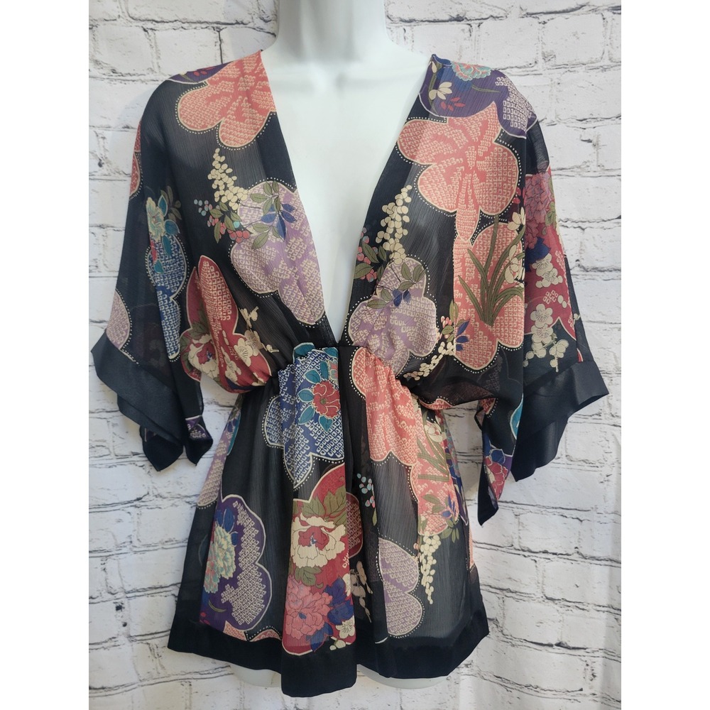 Bisou Bisou Michele Bohbot Floral Kimono Blouse Sheer V-Neck Empire Waist Top 4
